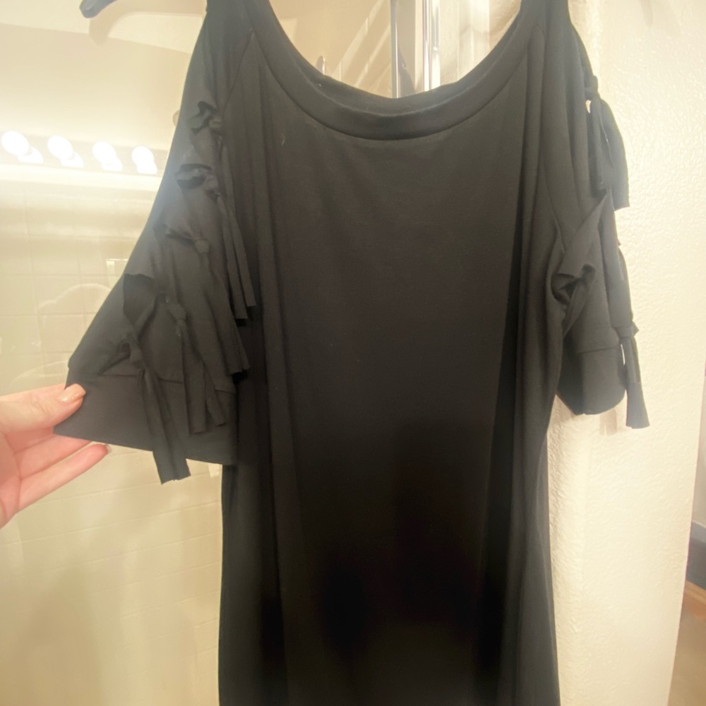 Women’s Black Cold-Shoulder Top with Tassel Sleeve Detail